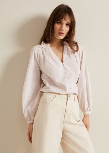 Phase Eight Seraphina Stripe Frill Shirts White Australia | OW6125804